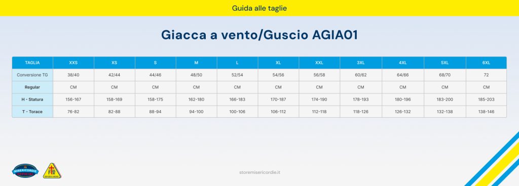 Giacca a vento Misericordie Guscio AGIA01 Guida alle taglie