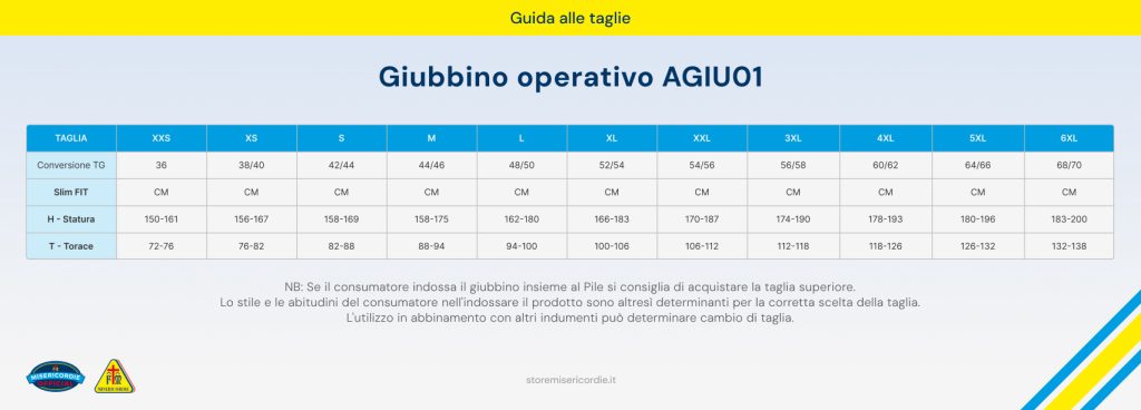 Giubbino operativo Misericordie AGIU01 Guida alle taglie