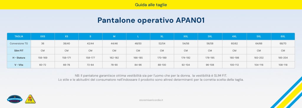 Pantalone operativo Misericordie APAN01 Guida alle taglie
