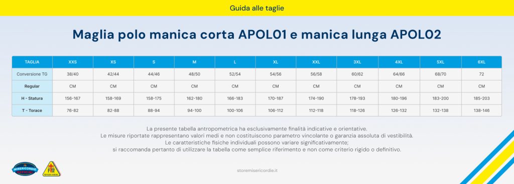 Maglia polo manica corta Misericordie APOL01 e manica lunga APOL02 Guida alle taglie